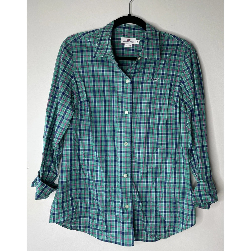 Vineyard Vines Button Down Womens 8 Green Plaid Whale Logo Preppy Classic Shirt